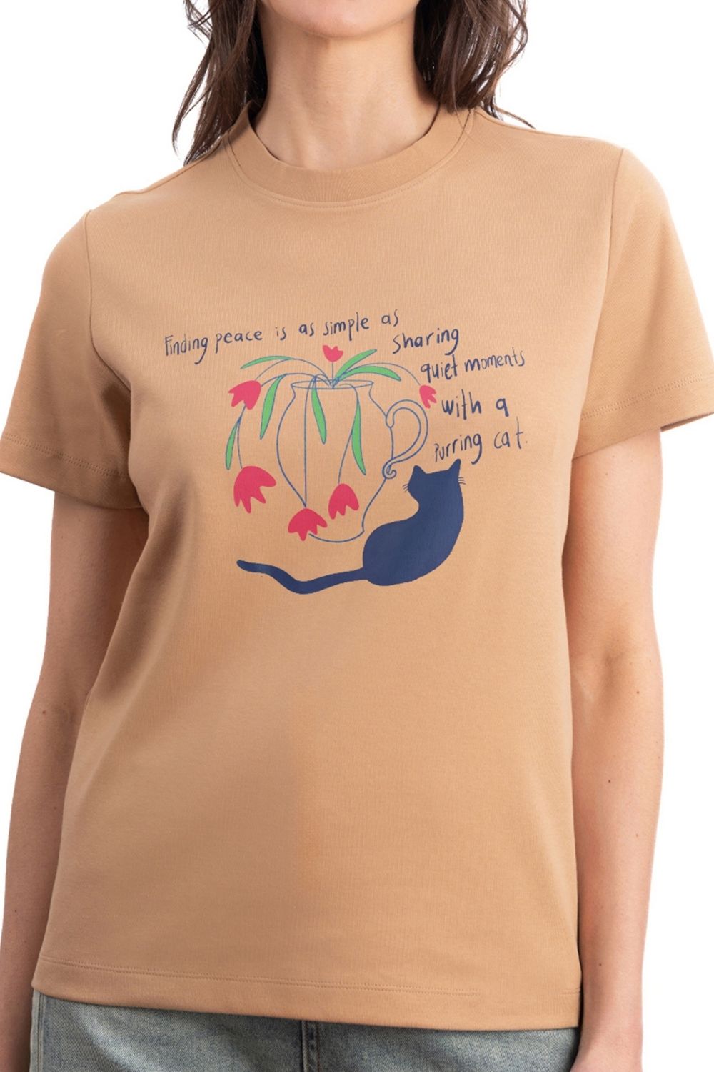 Cat Regular Açık Kahve T-shirt - 3