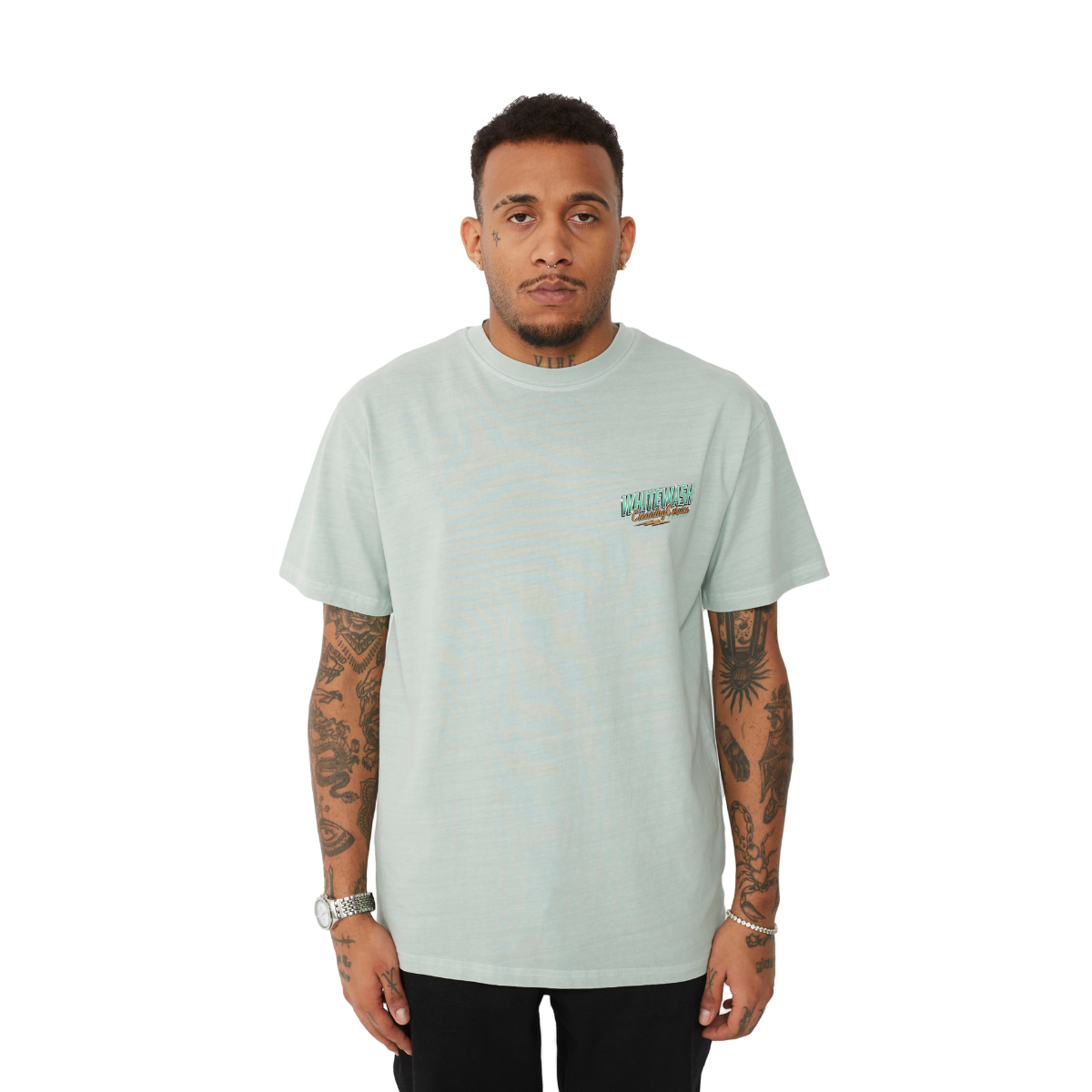 Whitewash Pale Green Regular Fit T-Shirt - 1