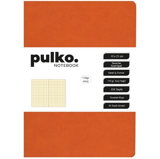 Pulko-Defter 110gr Ivory Kağıt, A5, Termo Deri, 224 Sayfa, Kareli, 047, Turuncu-Kareli-1-Milagron.com