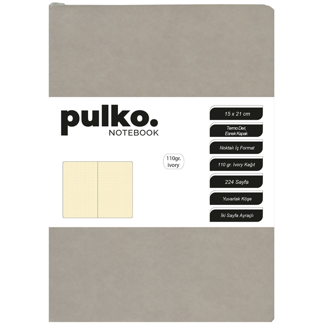 Pulko Defter 110Gr Ivory Kağıt, A5, Termo Deri, 224 Sayfa, Noktalı, Boz Gri