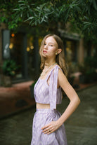 Pure Paris-İkat Büstiyer Ve Midi Etek Keten Takım - Lila-Alt - Üst Takım-3-Milagron.com