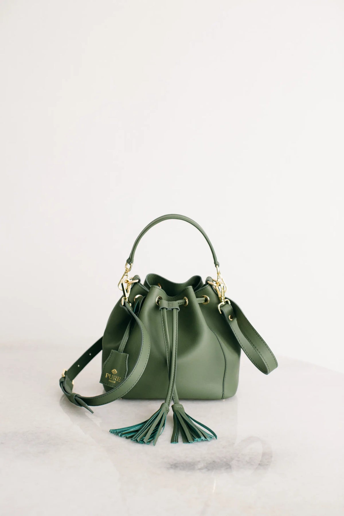 Pure Paris-Petit Bonbon Hakiki Deri Bucket Çanta, Haki Yeşil-Omuz Çantası-1-Milagron.com