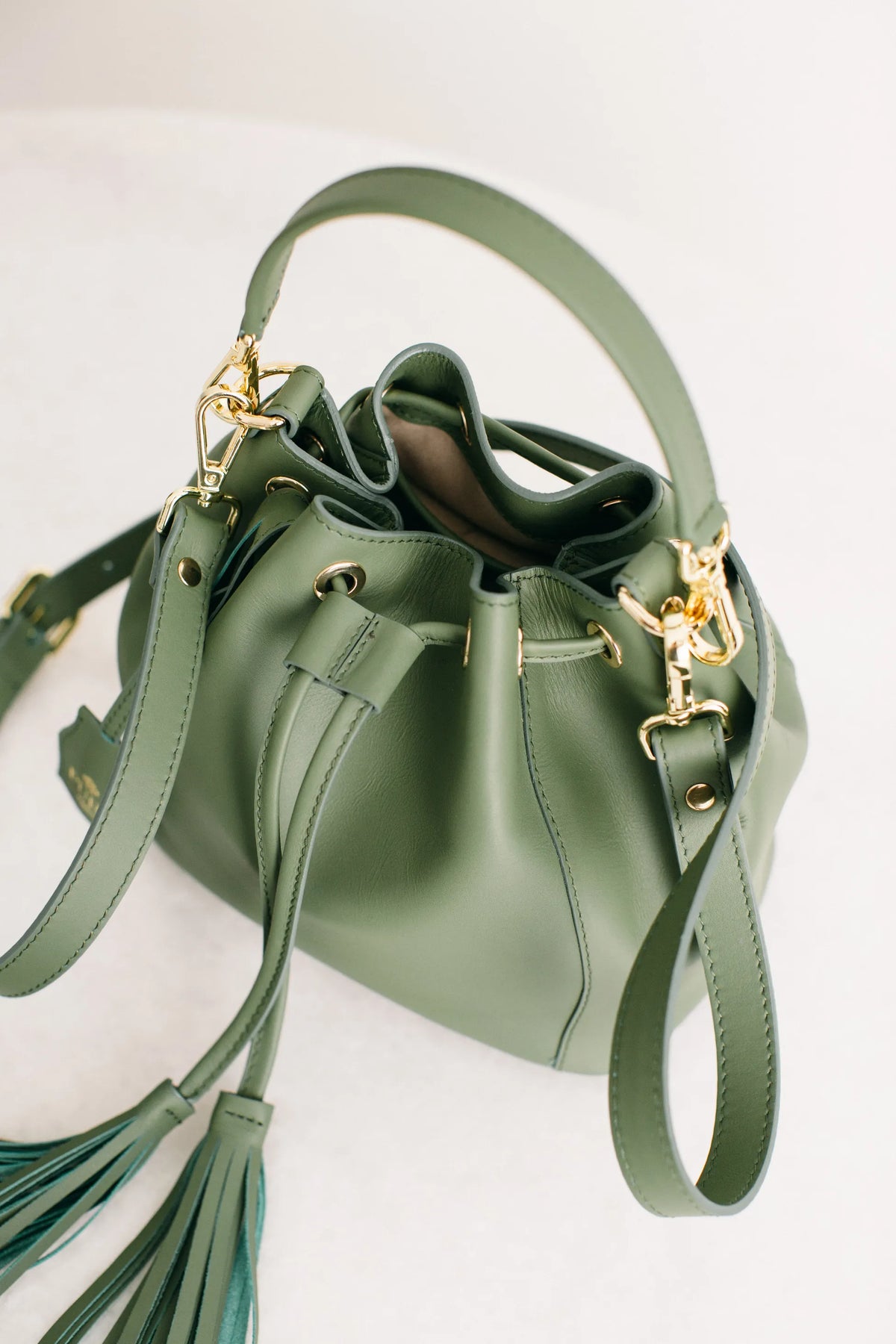 Pure Paris-Petit Bonbon Hakiki Deri Bucket Çanta, Haki Yeşil-Omuz Çantası-6-Milagron.com