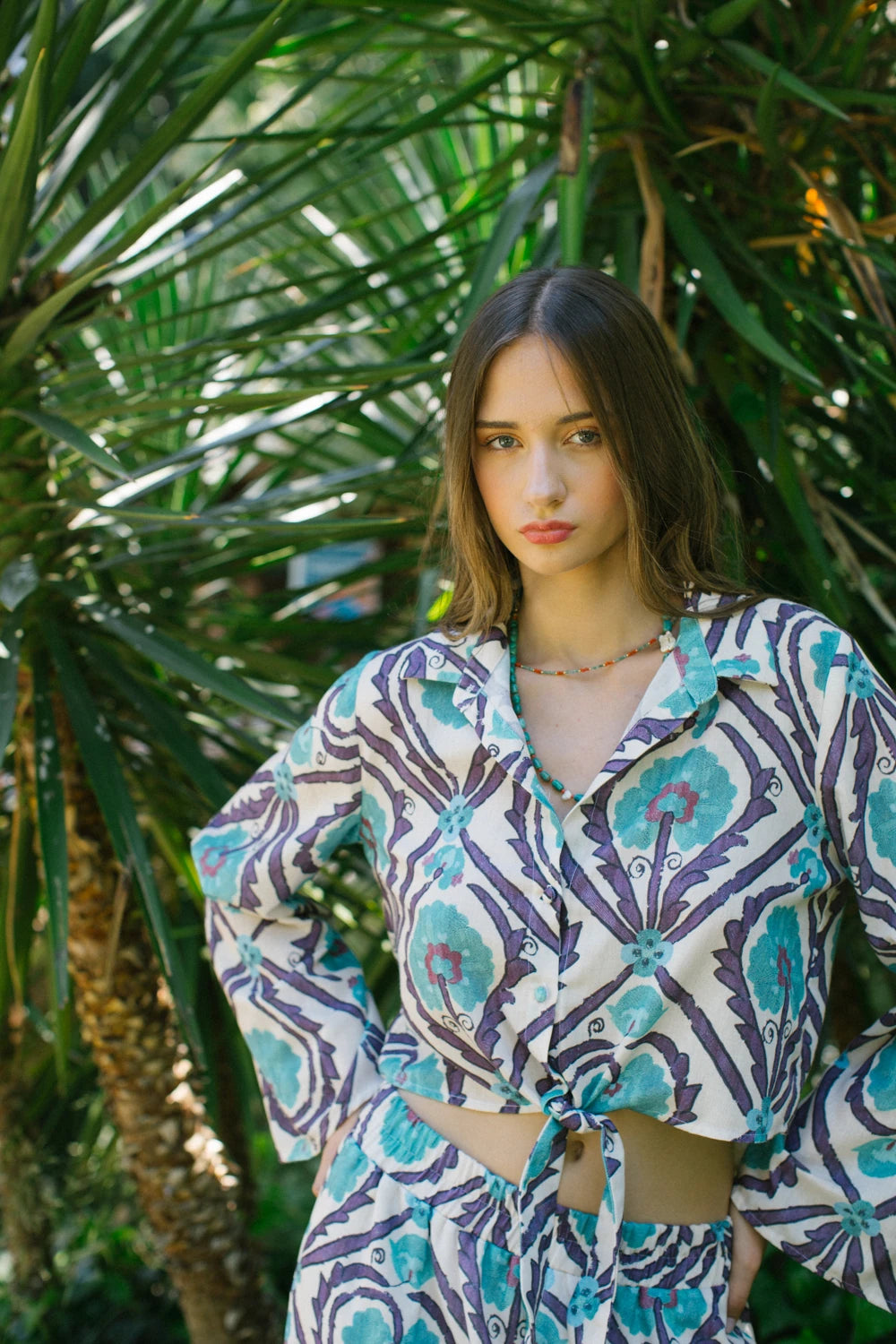 Pure Paris-Vintage Suzani Belden Bağlamalı Gömlek Ve Pantolon – Turkuaz-Alt - Üst Takım-10-Milagron.com