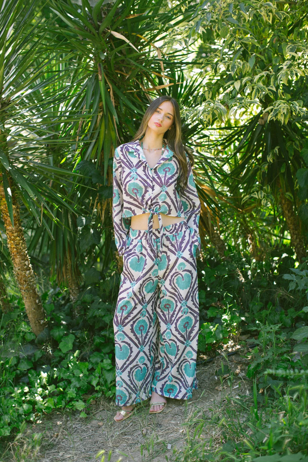 Pure Paris-Vintage Suzani Belden Bağlamalı Gömlek Ve Pantolon – Turkuaz-Alt - Üst Takım-2-Milagron.com
