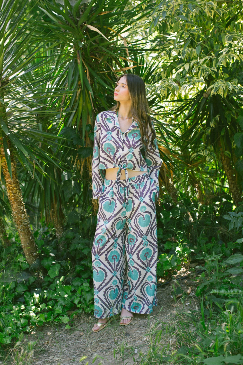 Pure Paris-Vintage Suzani Belden Bağlamalı Gömlek Ve Pantolon – Turkuaz-Alt - Üst Takım-3-Milagron.com
