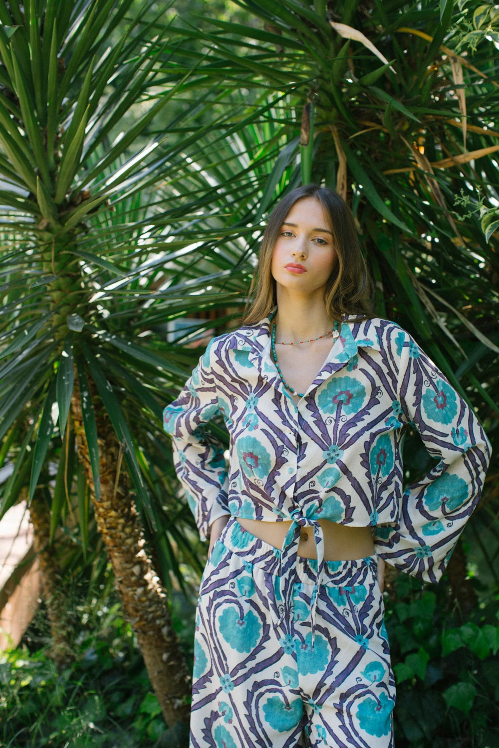 Pure Paris-Vintage Suzani Belden Bağlamalı Gömlek Ve Pantolon – Turkuaz-Alt - Üst Takım-8-Milagron.com