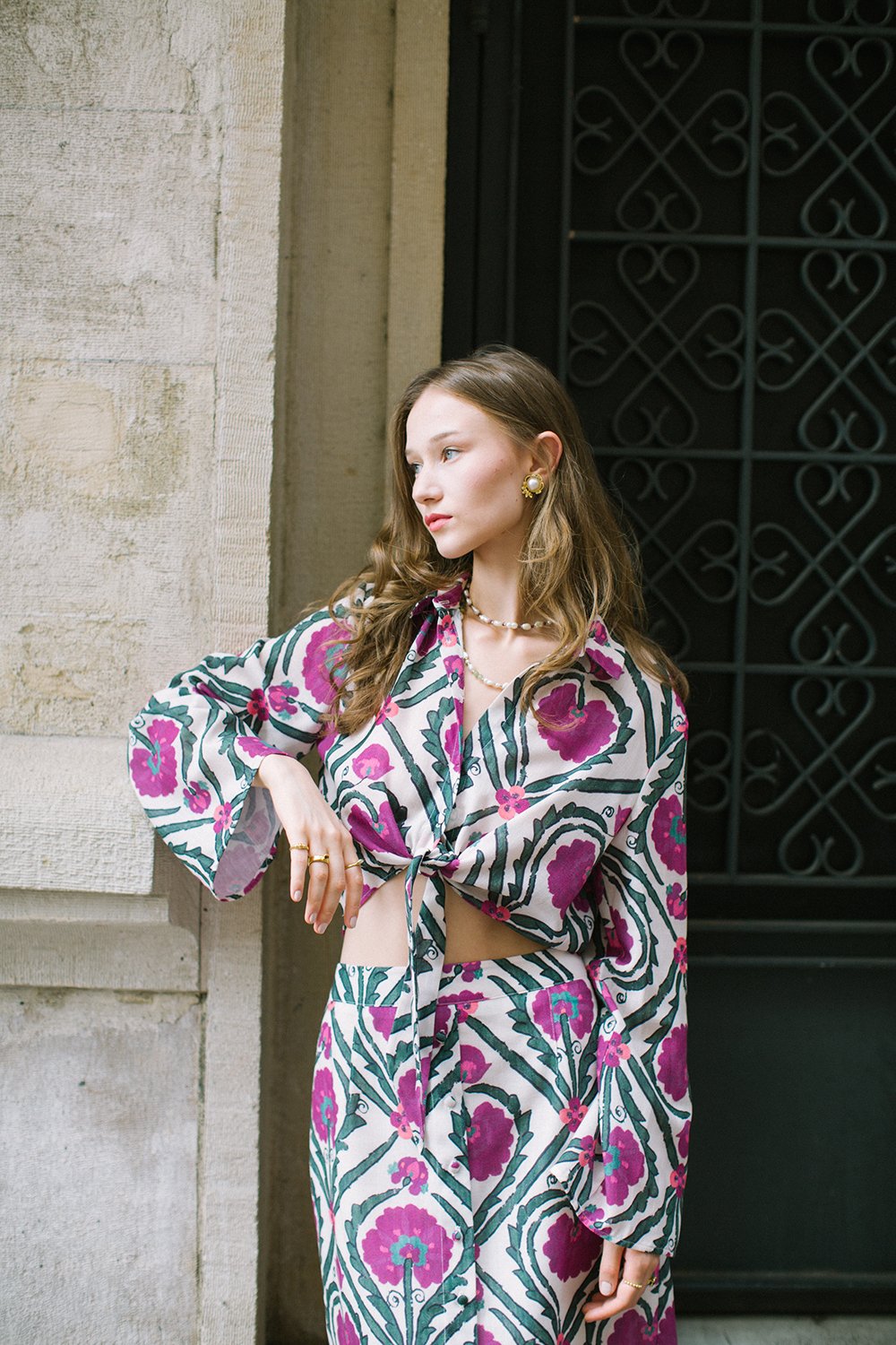 Pure Paris-Vintage Suzani Belden Bağlamalı Keten Boho Gömlek Ve Midi Etek Takım - Mor-Alt - Üst Takım-1-Milagron.com