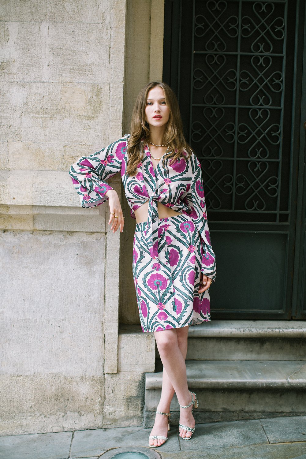 Pure Paris-Vintage Suzani Belden Bağlamalı Keten Boho Gömlek Ve Midi Etek Takım - Mor-Alt - Üst Takım-2-Milagron.com