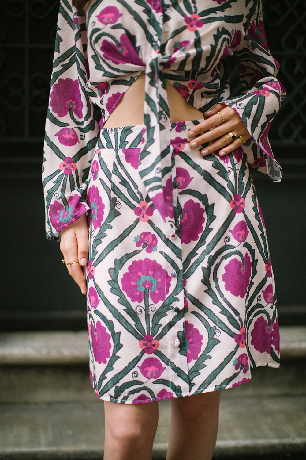 Pure Paris-Vintage Suzani Belden Bağlamalı Keten Boho Gömlek Ve Midi Etek Takım - Mor-Alt - Üst Takım-3-Milagron.com