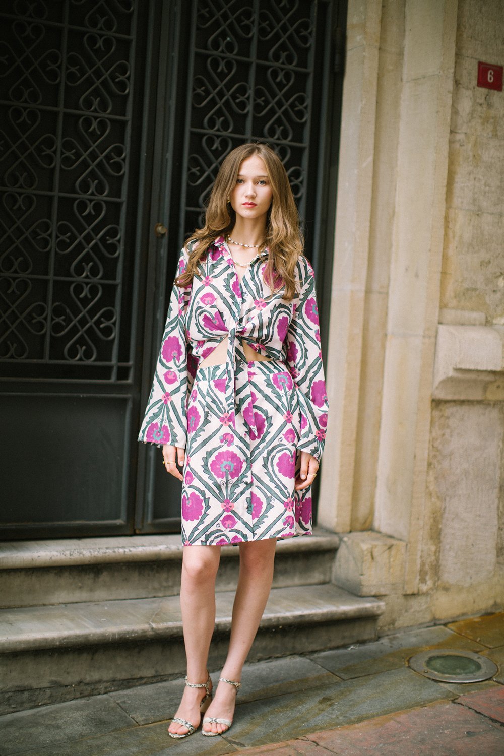 Pure Paris-Vintage Suzani Belden Bağlamalı Keten Boho Gömlek Ve Midi Etek Takım - Mor-Alt - Üst Takım-4-Milagron.com