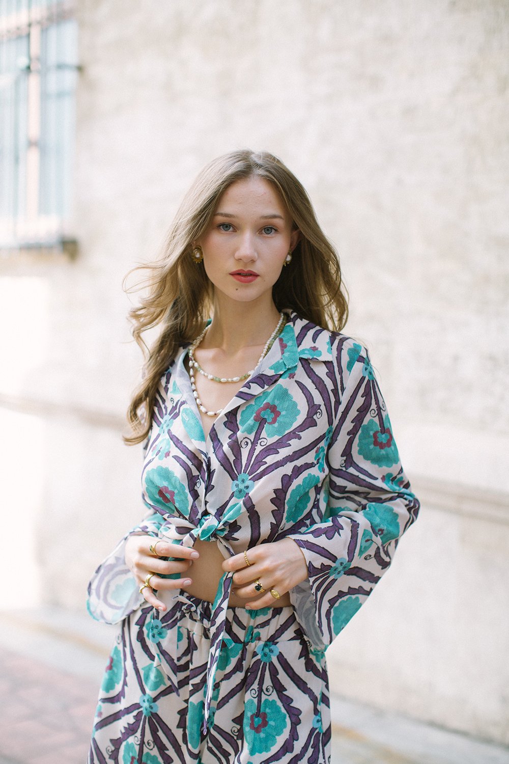 Pure Paris-Vintage Suzani Belden Bağlamalı Keten Gömlek Ve Şort Takım - Turkuaz-Alt - Üst Takım-1-Milagron.com