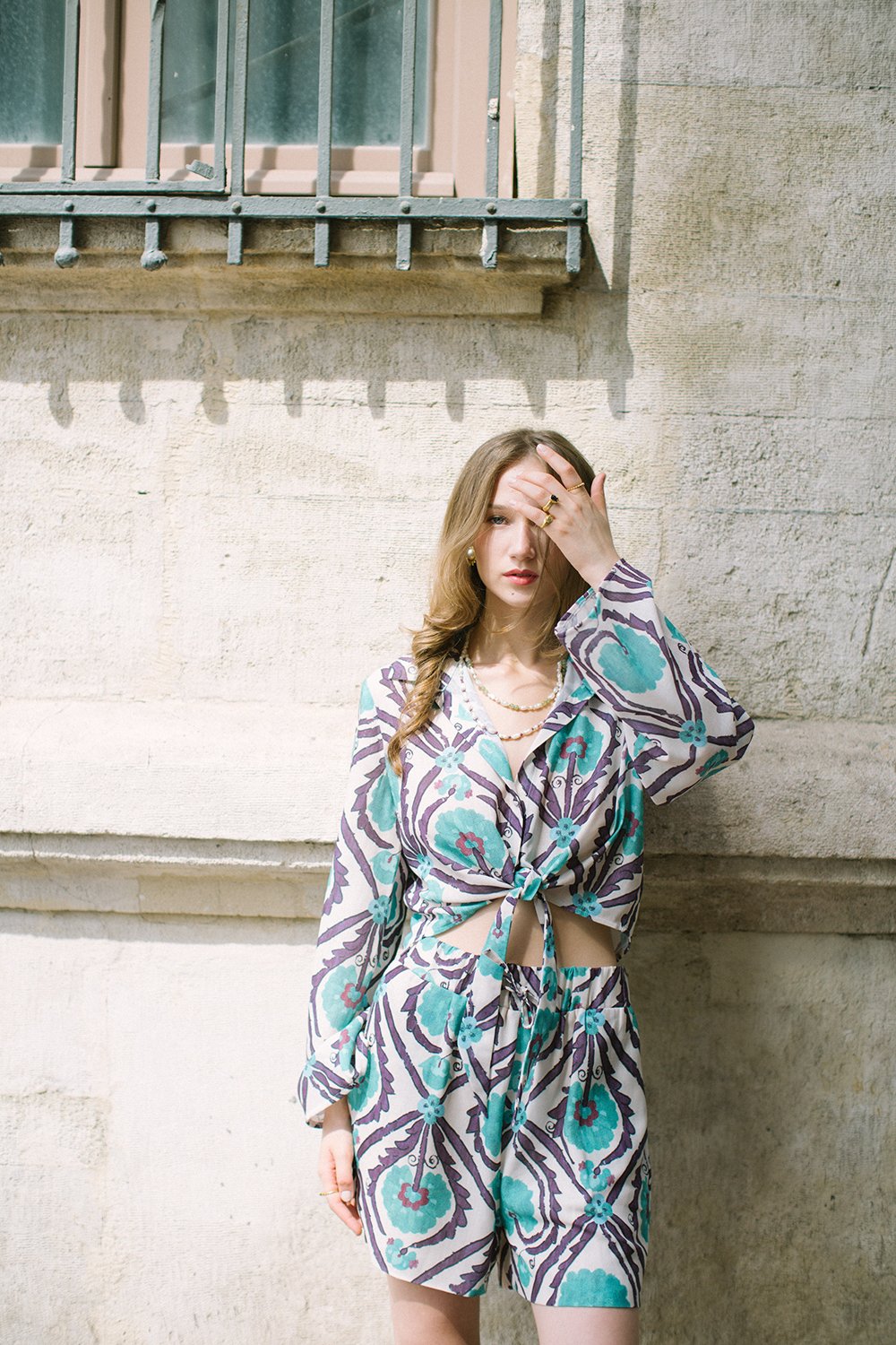 Pure Paris-Vintage Suzani Belden Bağlamalı Keten Gömlek Ve Şort Takım - Turkuaz-Alt - Üst Takım-3-Milagron.com