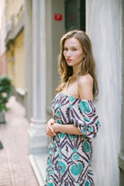 Pure Paris-Vintage Suzani Düşük Omuzlu Keten Elbise - Turkuaz-Elbise-2-Milagron.com