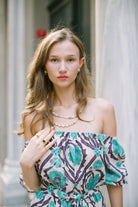 Pure Paris-Vintage Suzani Düşük Omuzlu Keten Elbise - Turkuaz-Elbise-3-Milagron.com