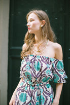 Vintage Suzani Düşük Omuzlu Keten Elbise – Turkuaz