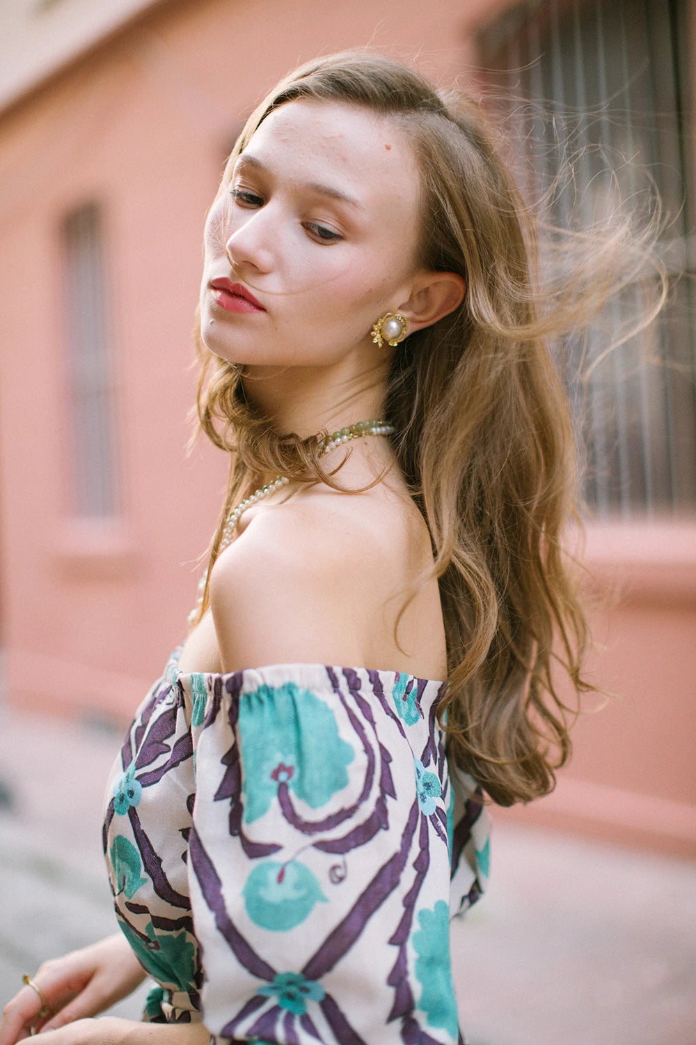 Vintage Suzani Düşük Omuzlu Keten Elbise – Turkuaz