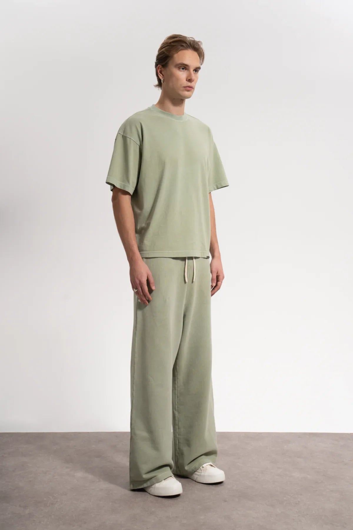 Erkek Oversized Washed Basic T-Shirt - Yeşil