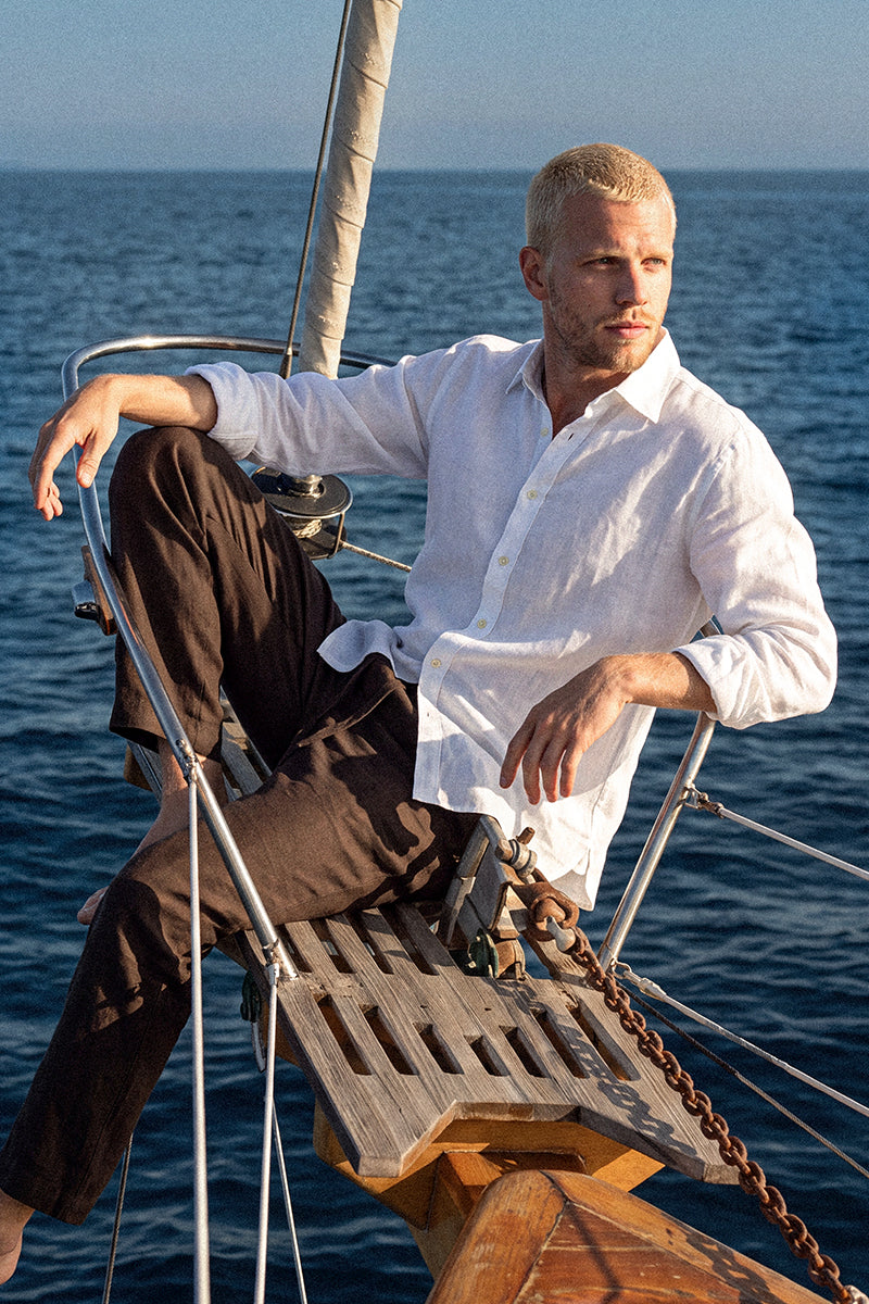 Erkek Oversized Leather Detailed Linen Shirt - Kırık Beyaz
