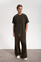 Erkek Oversized Washed Basic T-Shirt - Kahverengi