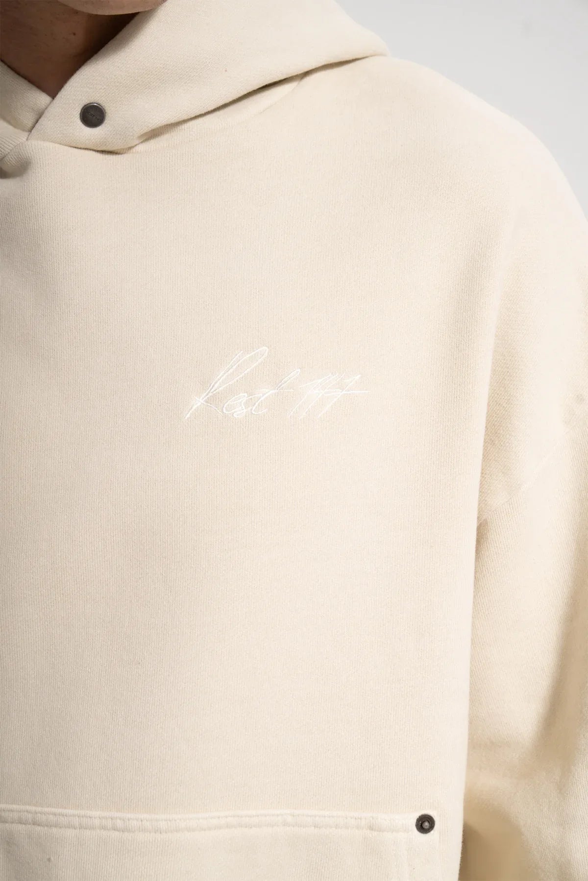 Erkek Oversized Washed Embroidered Hoodie - Bej