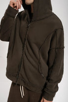 Erkek Oversized Washed Raw Seam Zip Hoodie - Kahverengi