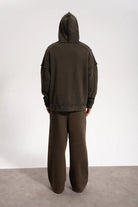 Erkek Oversized Washed Raw Seam Zip Hoodie - Kahverengi