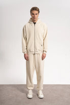 Erkek Oversized Washed Zip Hoodie - Bej