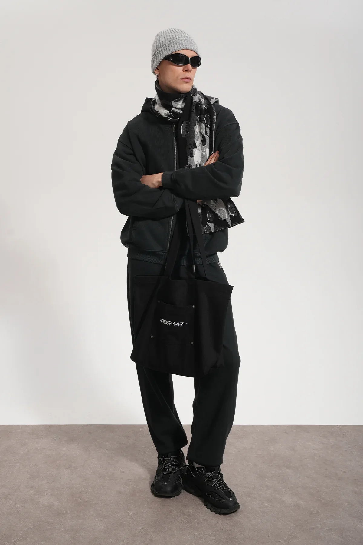 Erkek Oversized Washed Zip Hoodie - Siyah