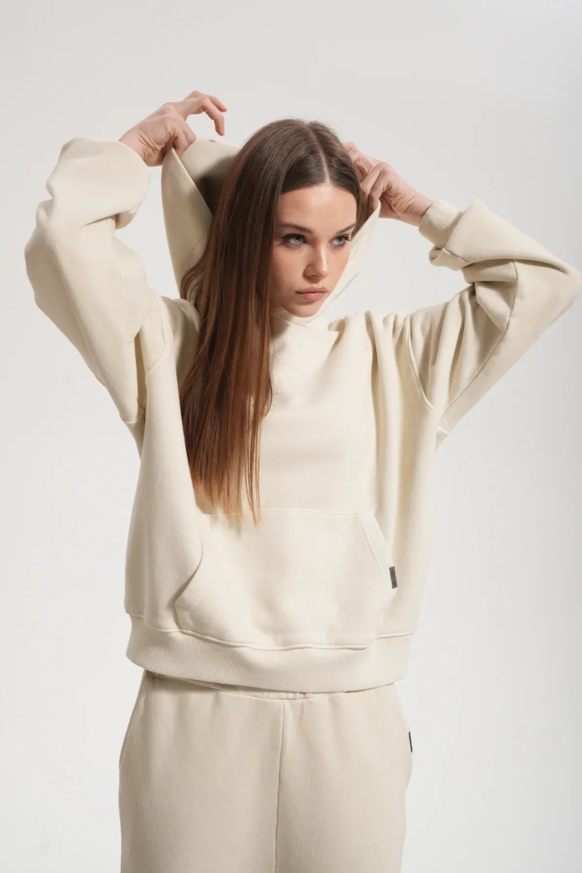 Kadın Boxy Fit Washed Hoodie - Bej