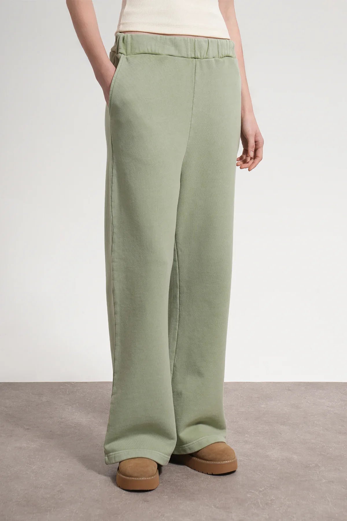 Kadın Flared Wide Leg Washed Sweatpants - Yeşil