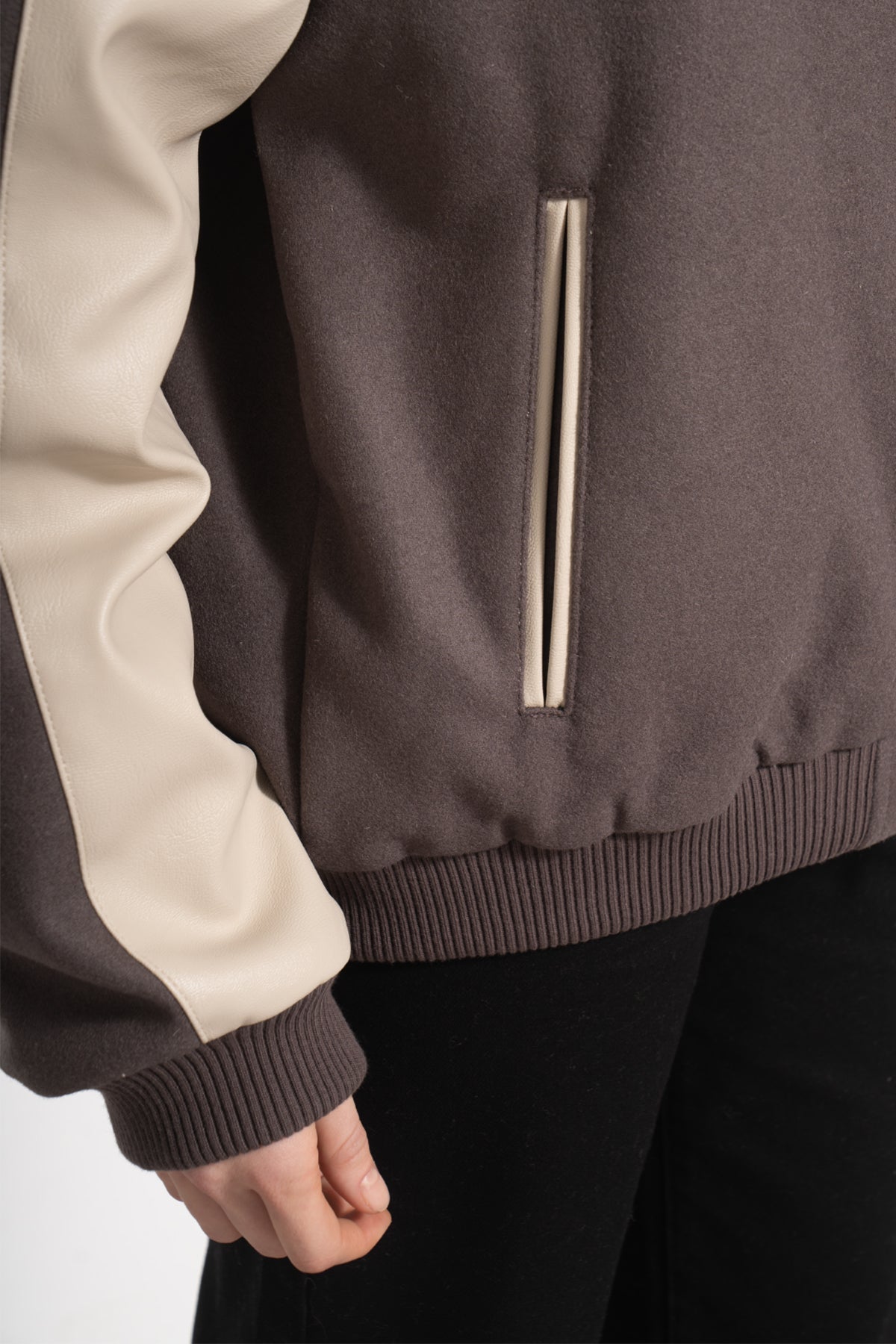 Unisex Relaxed Fit Leather College Jacket - Kahverengi - 5