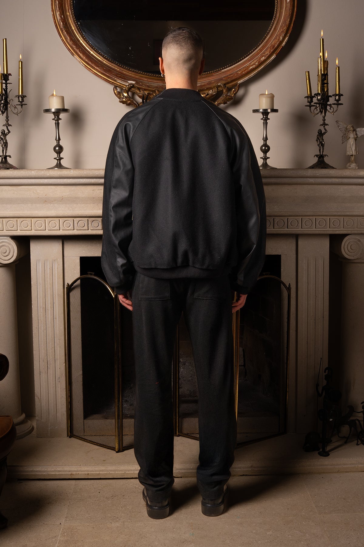 Unisex Relaxed Fit Leather College Jacket - Siyah