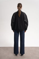 Unisex Relaxed Fit Leather College Jacket - Siyah