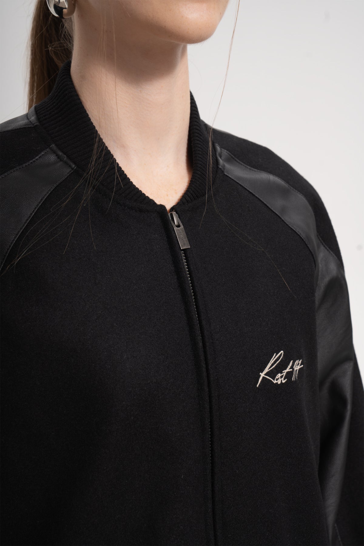 Unisex Relaxed Fit Leather College Jacket - Siyah