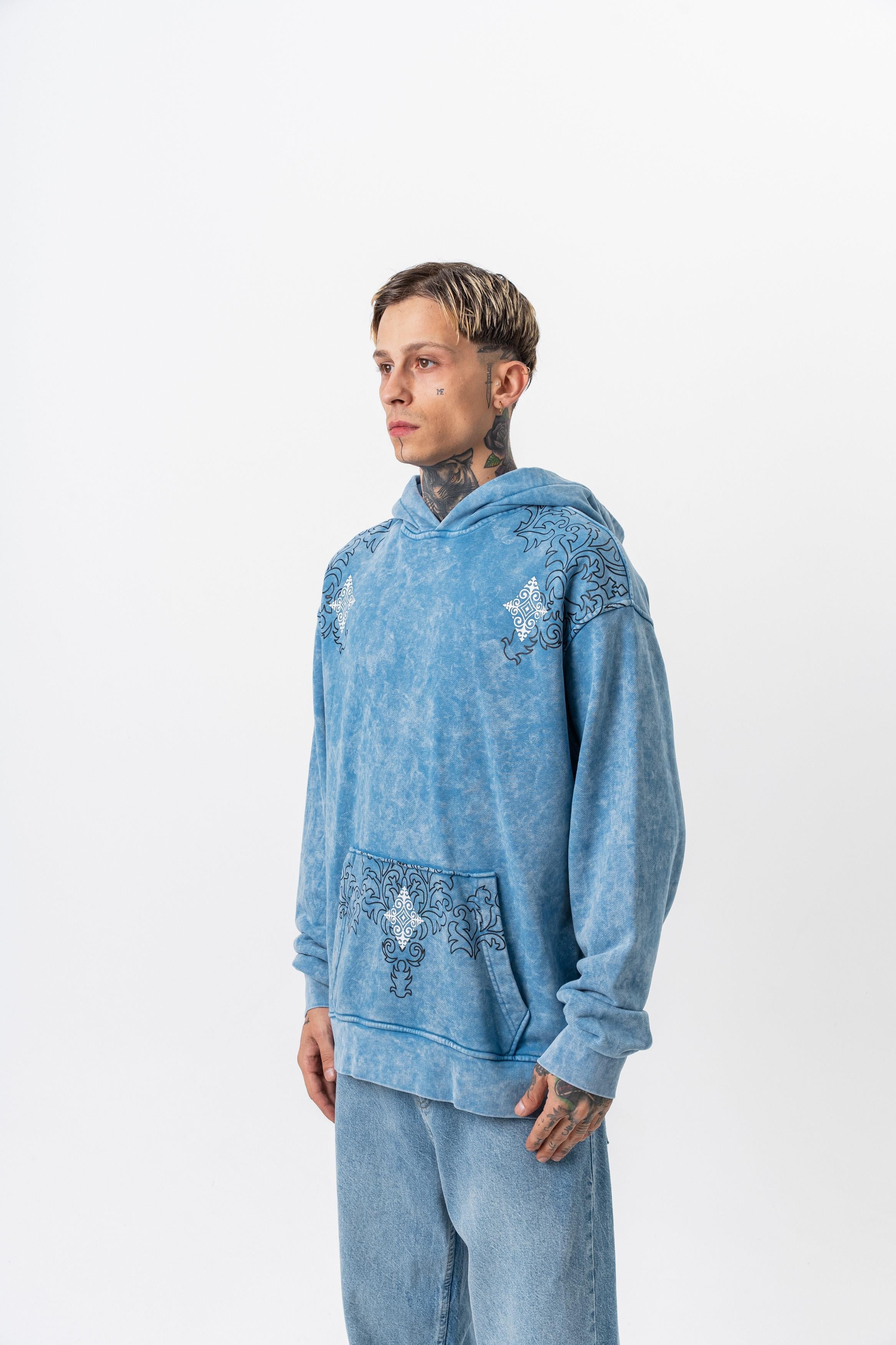 10 Baskılı Yıkamalı Kapüşonlu Oversize Hoodie - Mavi - 2