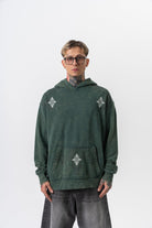 Erkek 10 Baskılı Yıkamalı Kapüşonlu Oversize Hoodie Yeşil