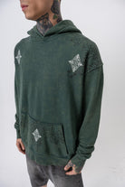 Erkek 10 Baskılı Yıkamalı Kapüşonlu Oversize Hoodie Yeşil