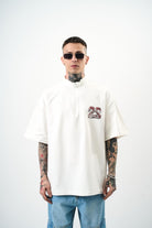 Erkek 22 Baskılı Yarım Fermuarlı Oversize T-Shirt Ekru