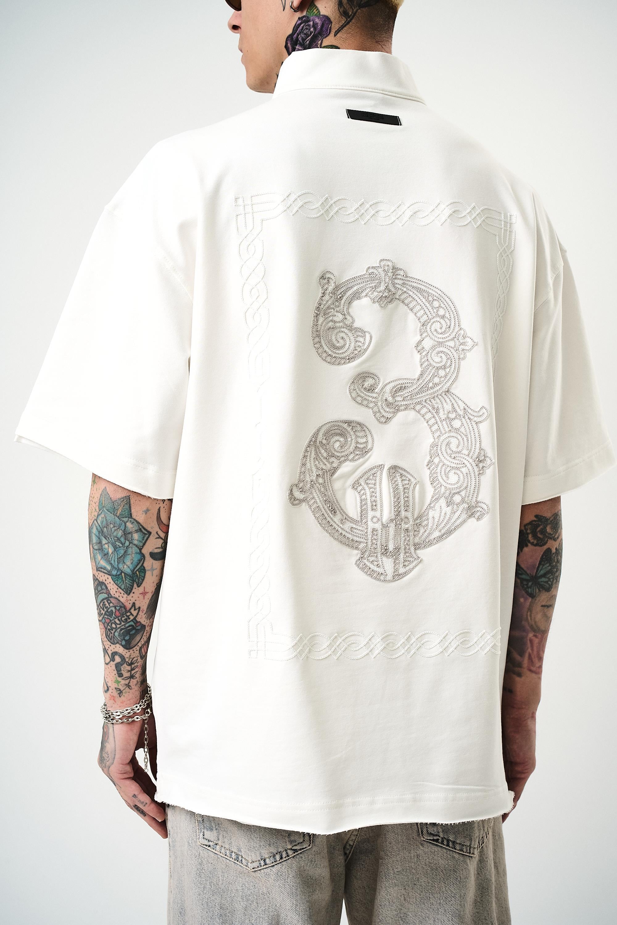 Erkek 3 Nakışlı Yarım Fermuarlı Oversize T-Shirt Ekru
