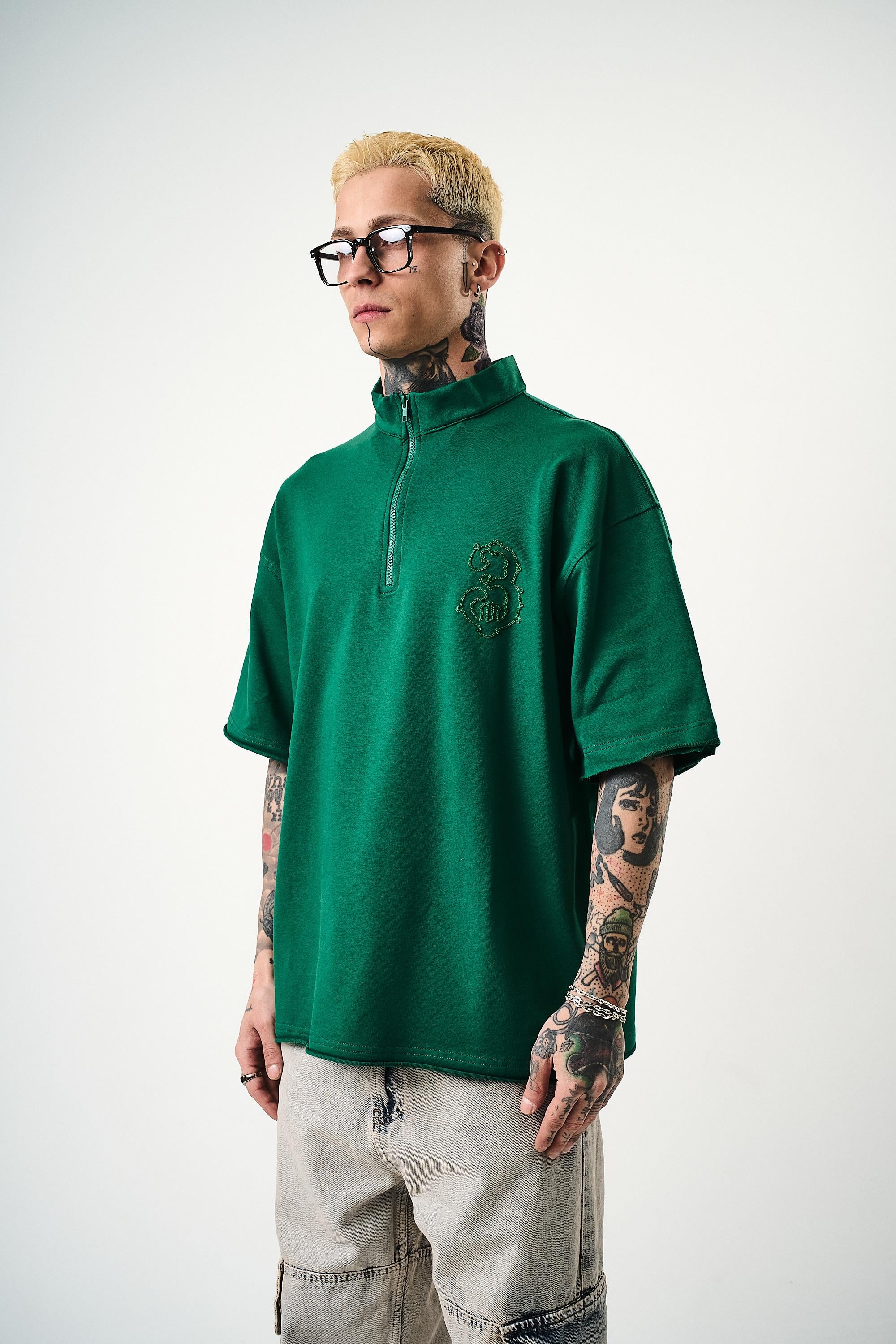 Erkek 3 Nakışlı Yarım Fermuarlı Oversize T-Shirt Nefti