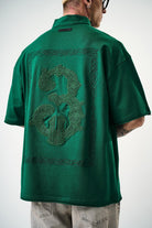 Erkek 3 Nakışlı Yarım Fermuarlı Oversize T-Shirt Nefti