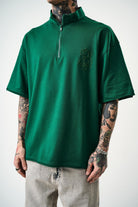 Erkek 3 Nakışlı Yarım Fermuarlı Oversize T-Shirt Nefti