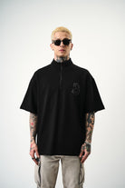 Erkek 3 Nakışlı Yarım Fermuarlı Oversize T-Shirt Siyah