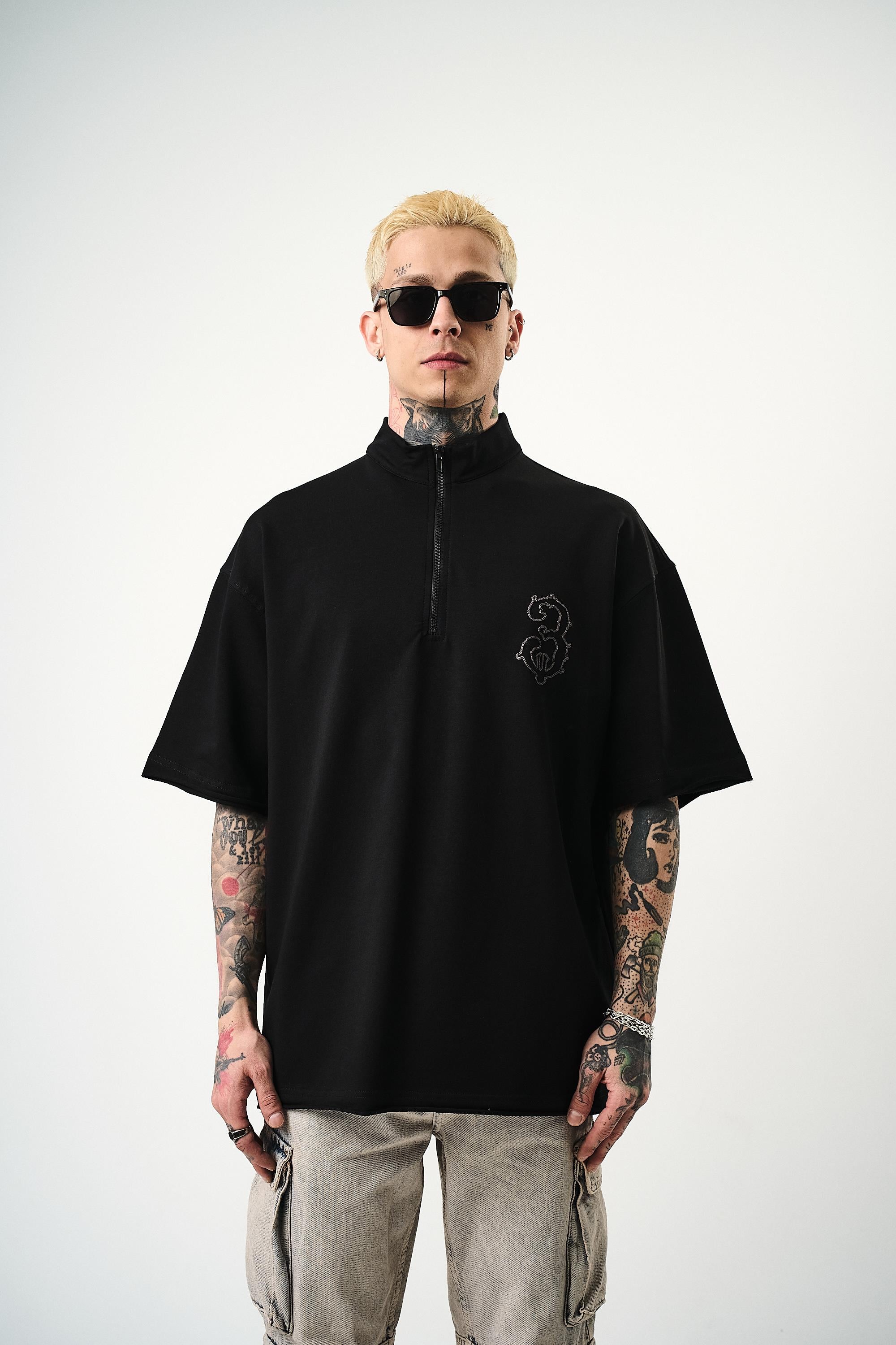 Erkek 3 Nakışlı Yarım Fermuarlı Oversize T-Shirt Siyah