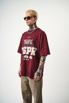 Erkek Respire Baskılı Yıkamalı Oversize T-Shirt Bordo - 1