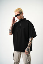 Erkek Be Kind Nakışlı Yarım Fermuarlı Oversize T-Shirt Siyah