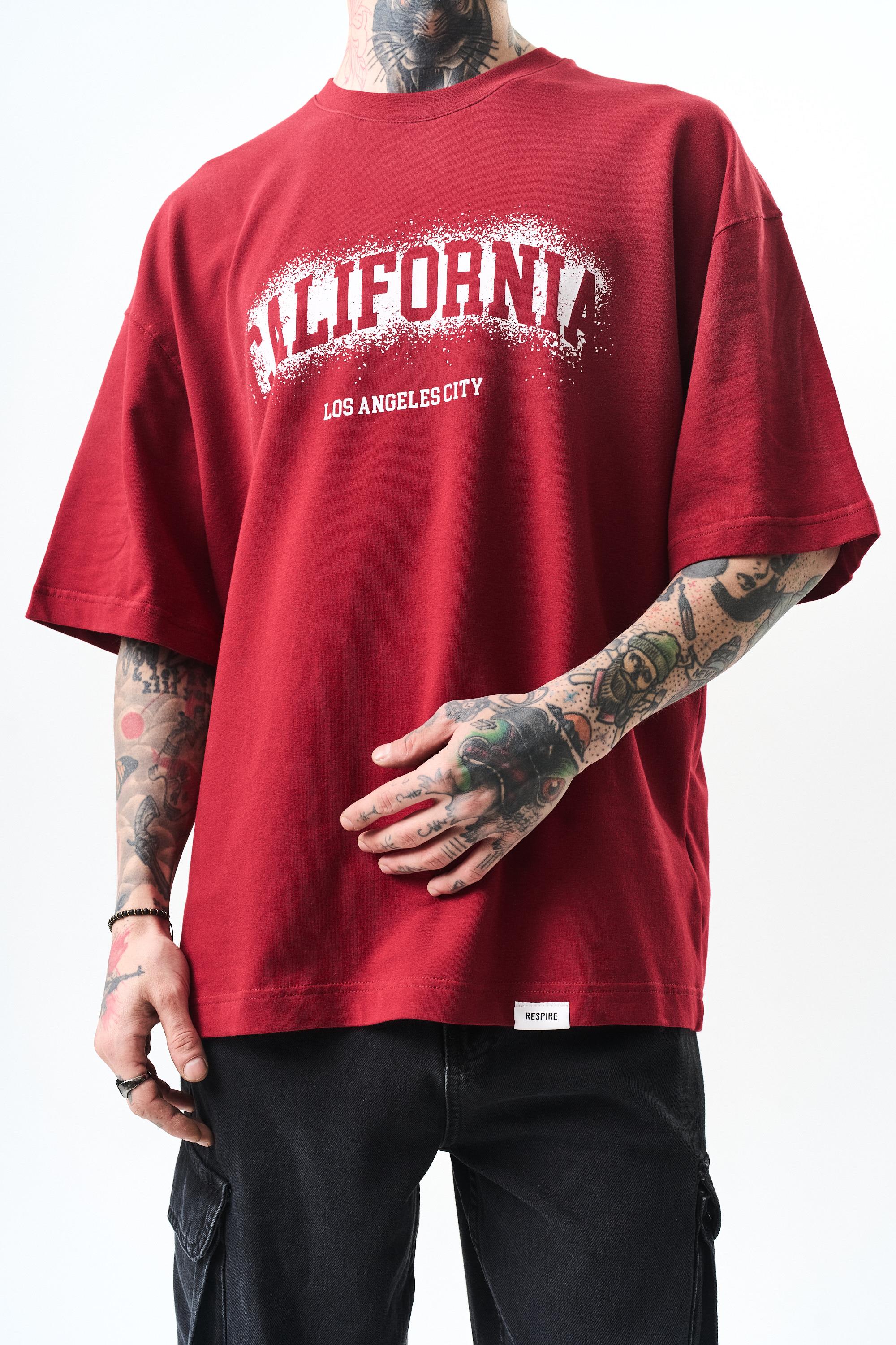 Erkek California Baskılı Oversize T-Shirt Bordo