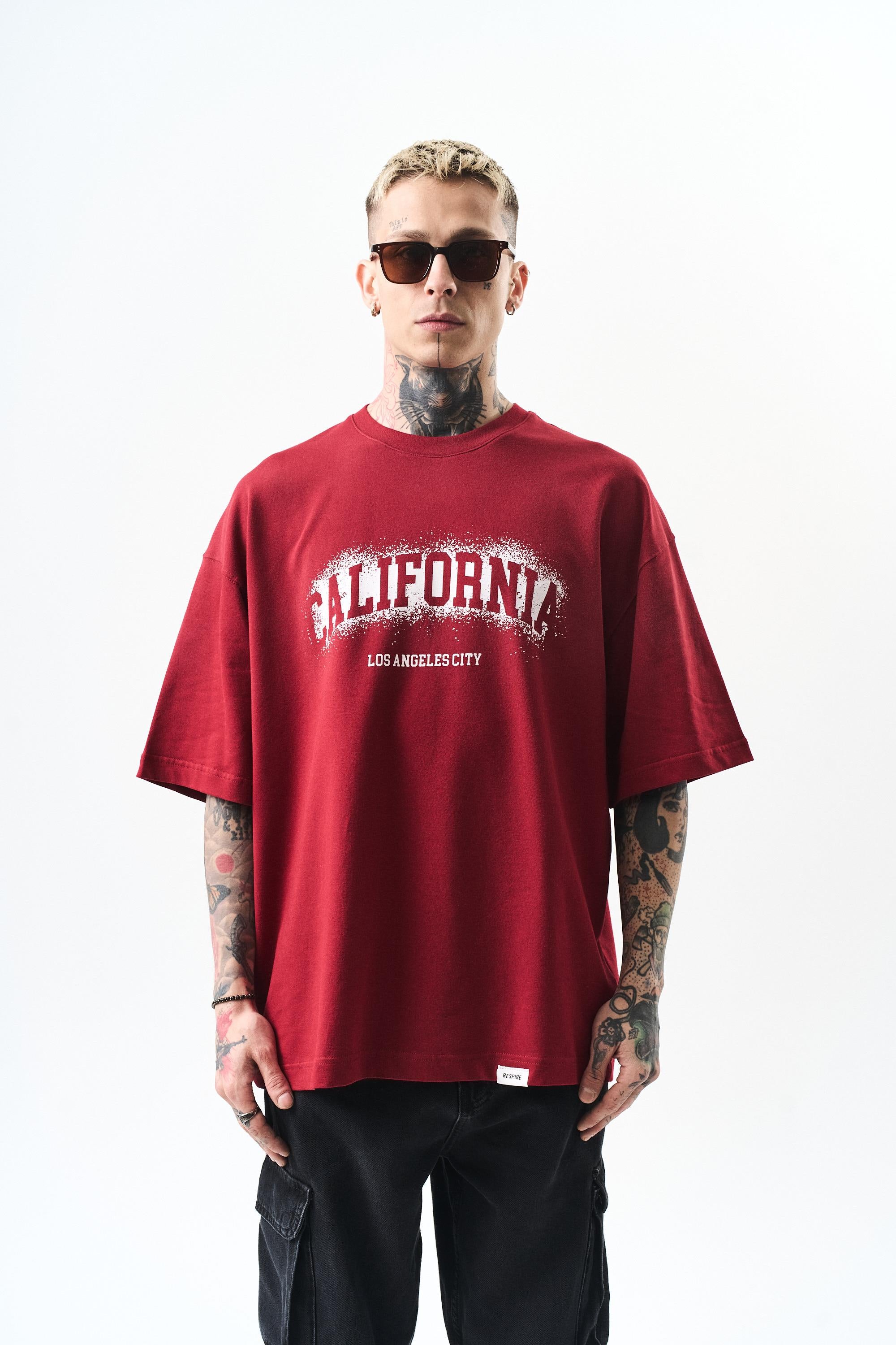 Erkek California Baskılı Oversize T-Shirt Bordo