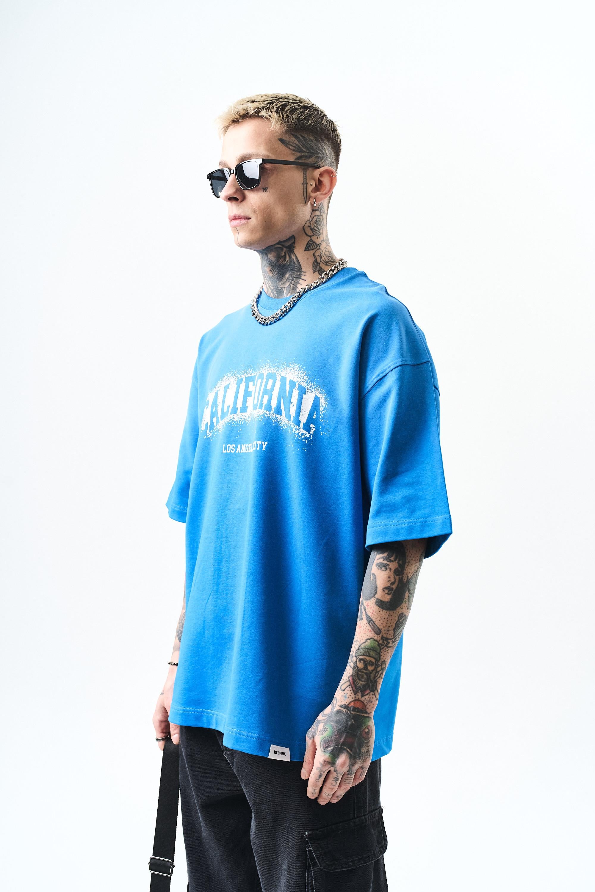 Erkek California Baskılı Oversize T-Shirt Mavi
